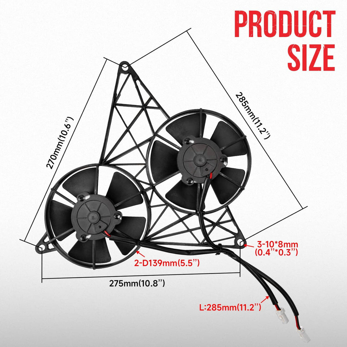 Dual electric cooling fans with bracket, showing overall size dimensions on diagram