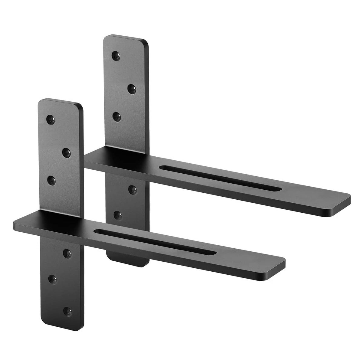 Pair of dark metal floating shelf brackets with long flat arms and mounting holes