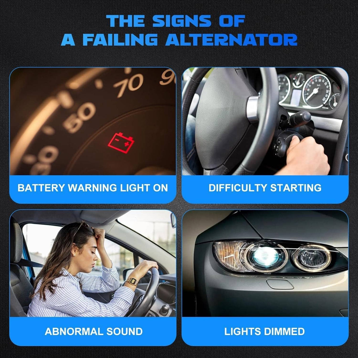Signs of alternator failure infographic with battery warning light and dim headlights