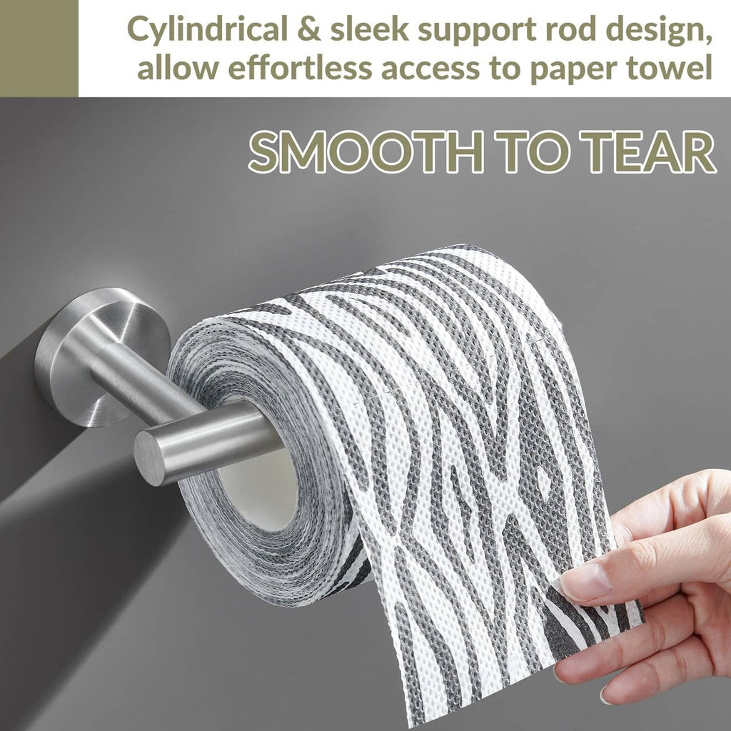 Brushed nickel stainless toilet paper holder with paper roll ready to tear