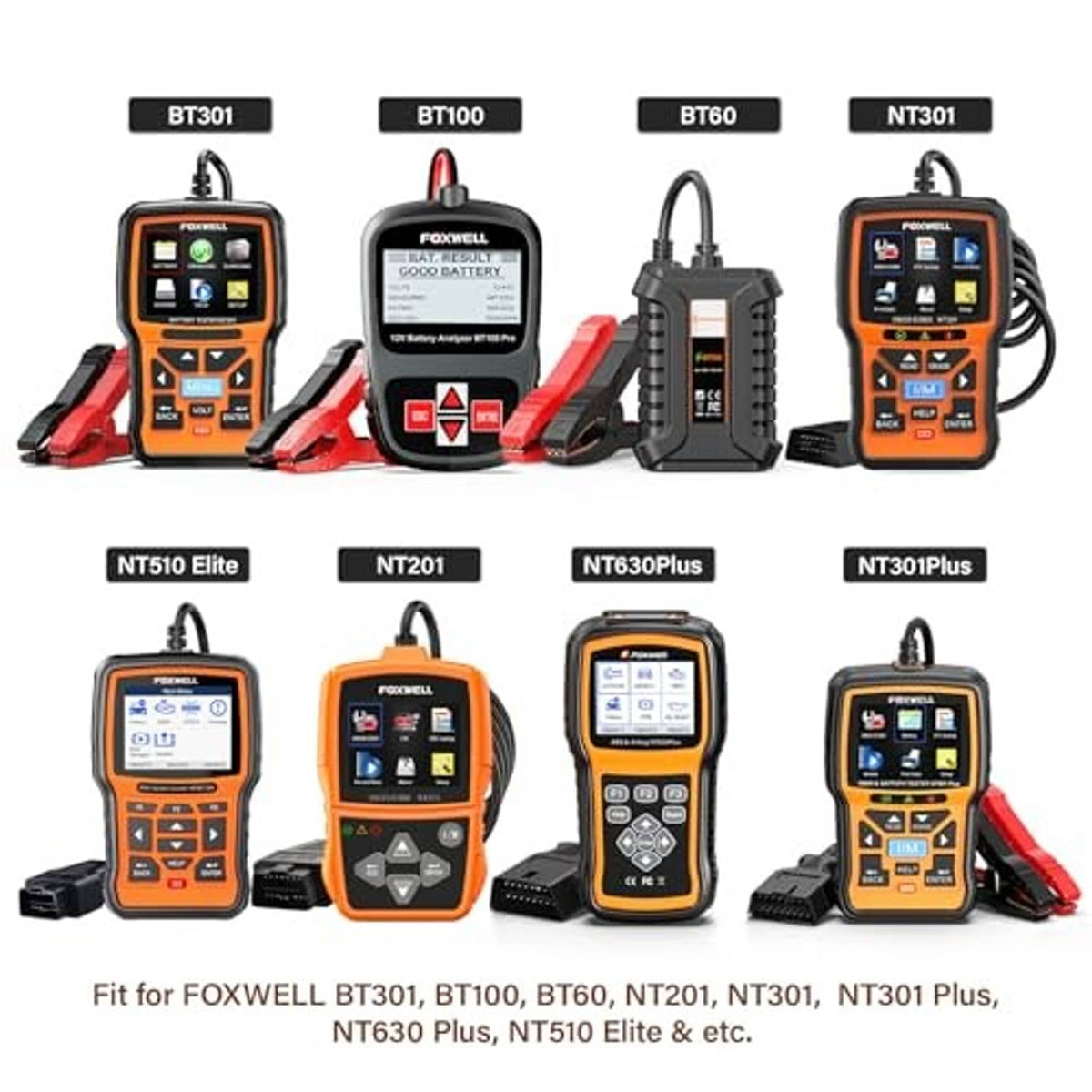 Portable carrying case compatibility lineup featuring FOXWELL OBD2 scanners and battery testers
