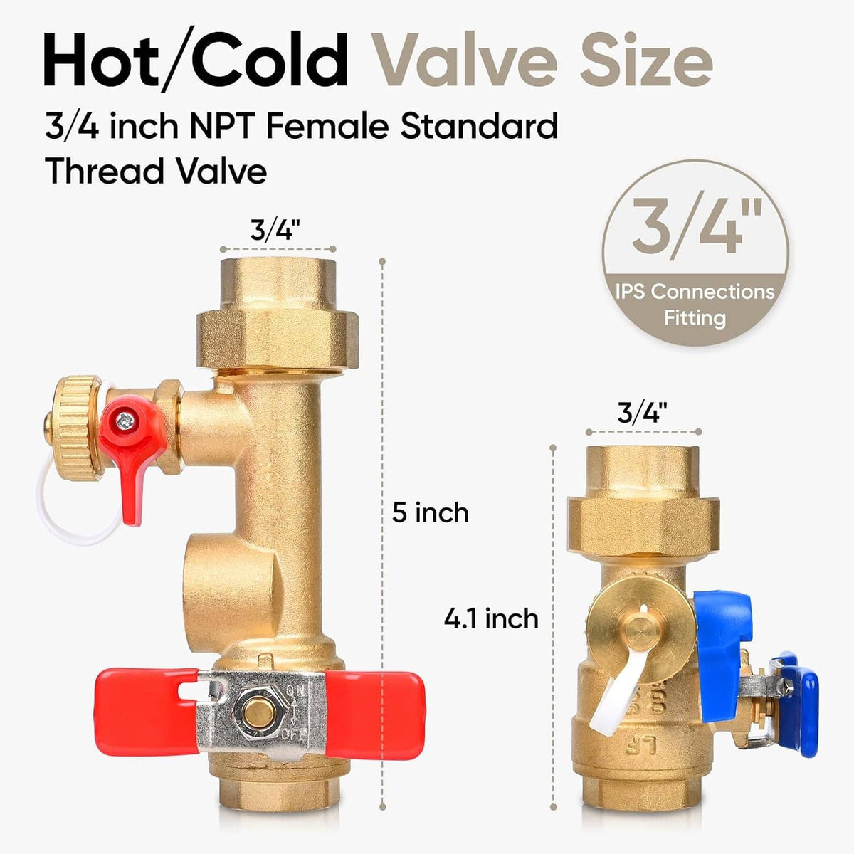 Brass 3/4-inch service valve with red/blue lever handle and NPT threaded connections