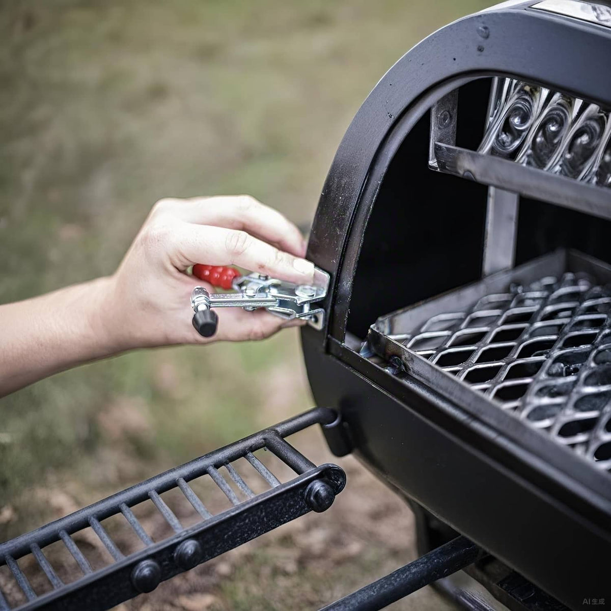 Hand tightening steel lid clamp on smoker lid with red handle