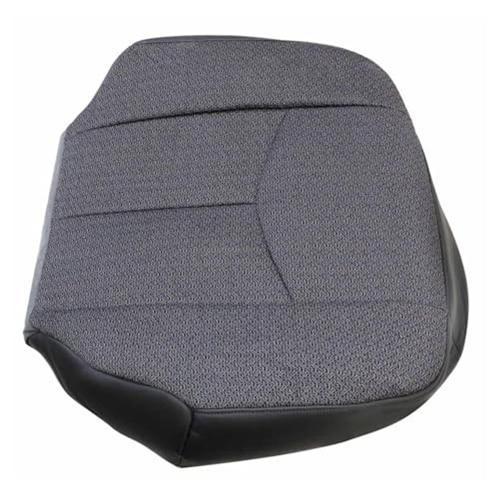 Dark gray textured cloth seat bottom cover with black edge trim and stitched panel lines