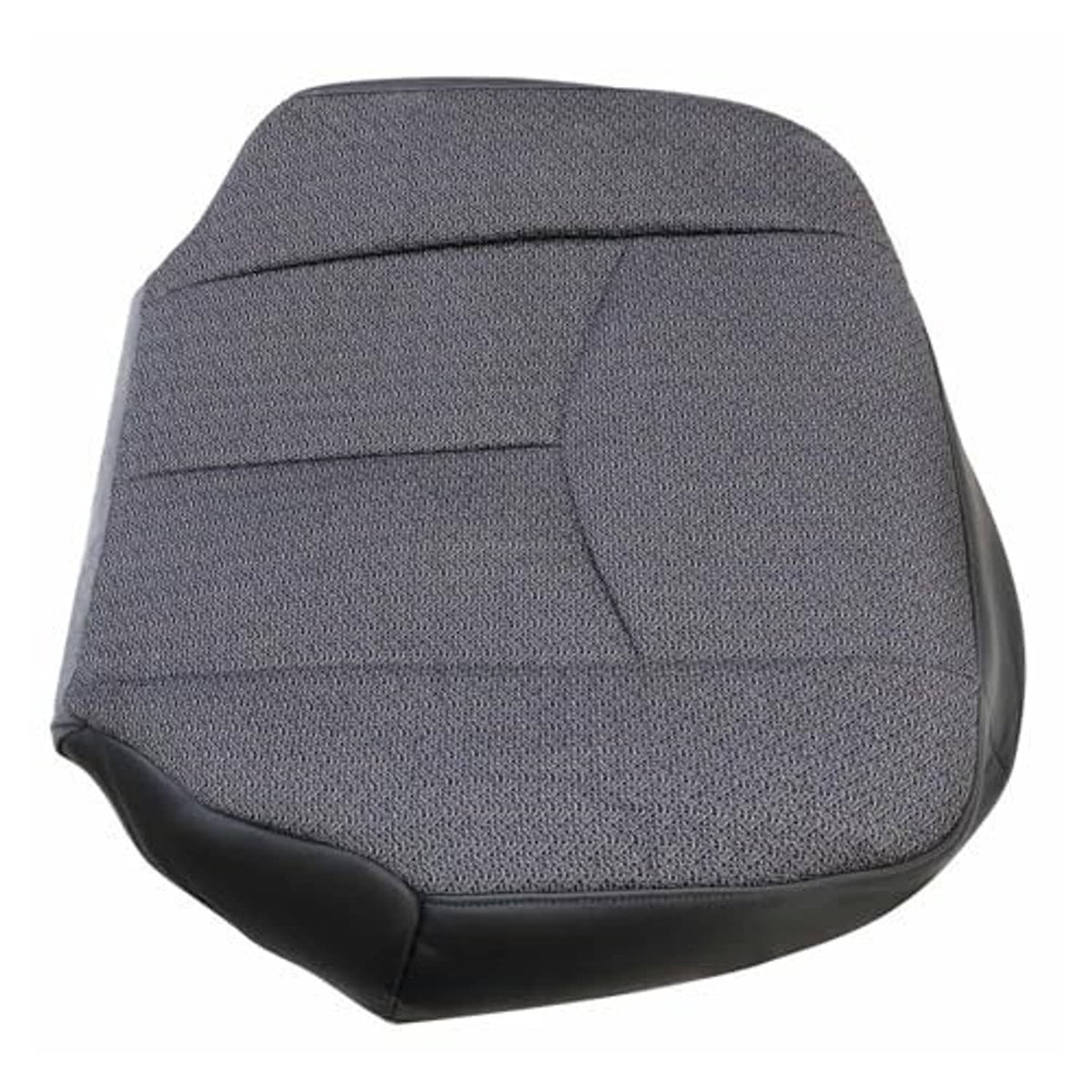 Dark gray textured cloth seat bottom cover with black edge trim and stitched panel lines
