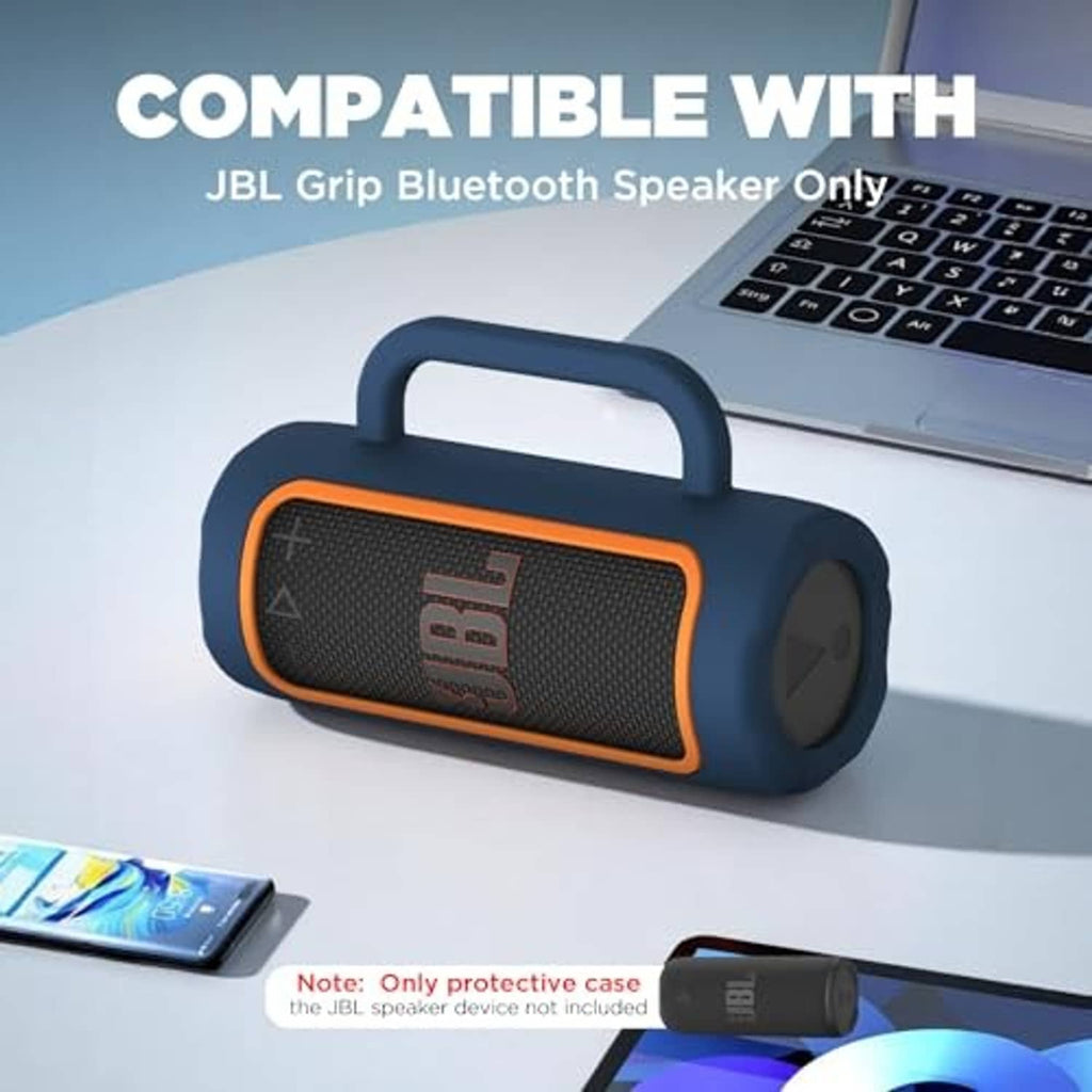 Blue silicone speaker cover with orange trim, front grille panel and carry handle