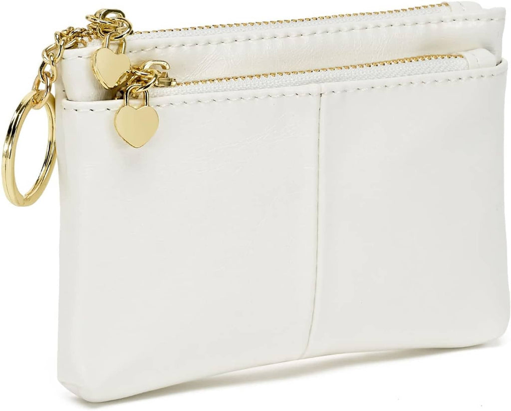 White PU mini coin purse with gold key ring charm and front seam panels