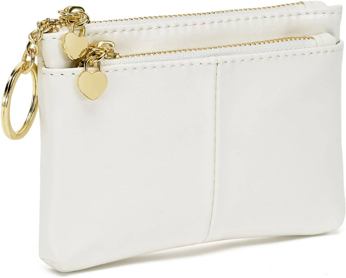 White PU mini coin purse with gold key ring charm and front seam panels