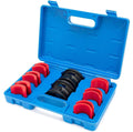 Motorcycle fork seal installer tool kit in blue case with red and black adapters