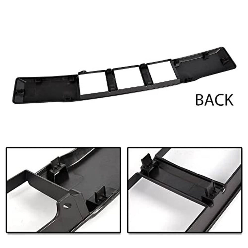 Black front bumper lower grille trim panel backing with mounting clip openings