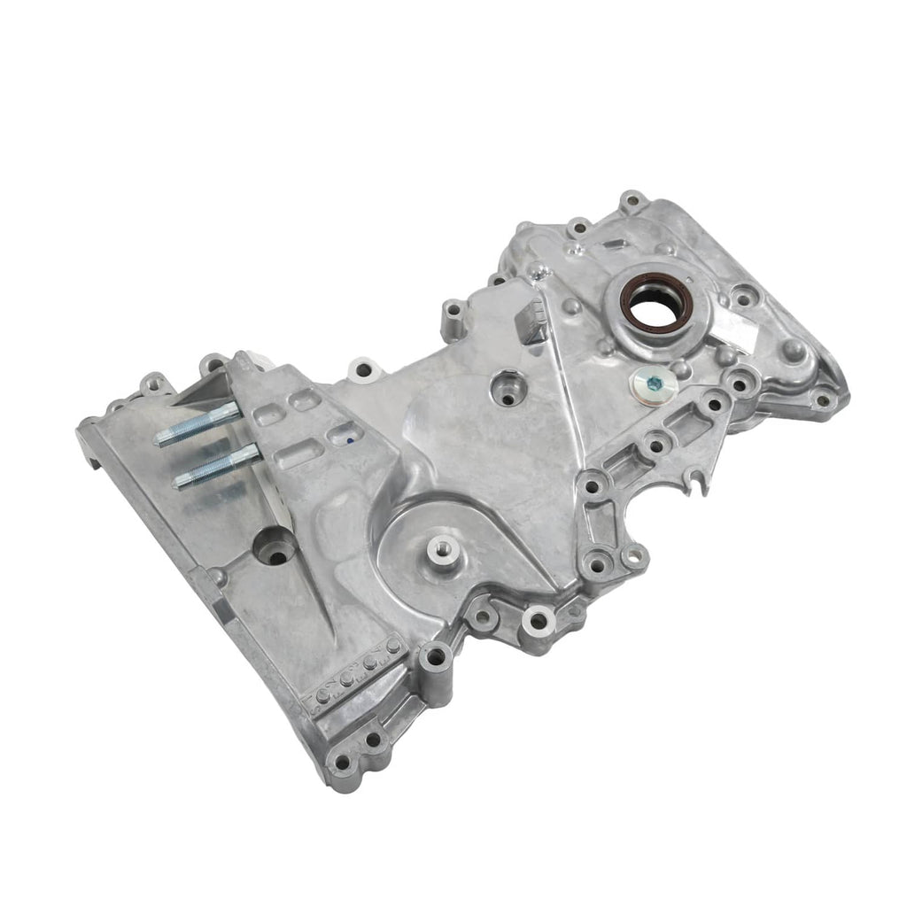 Timing cover oil pump housing, silver metal with round port, seam lines, and bolt bosses