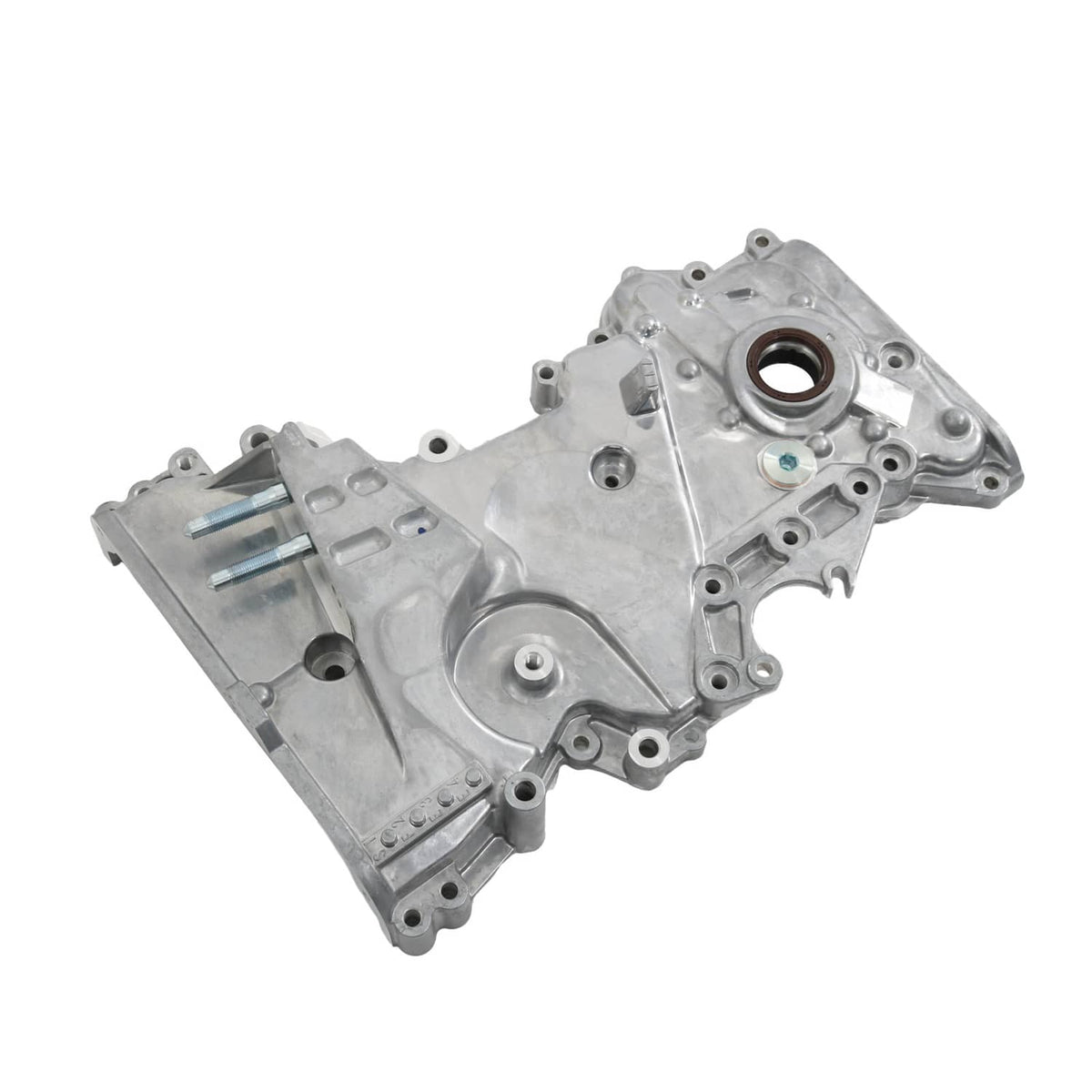 Timing cover oil pump housing, silver metal with round port, seam lines, and bolt bosses