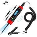 DC automotive voltage tester with red-and-black LCD screen and dual probe leads