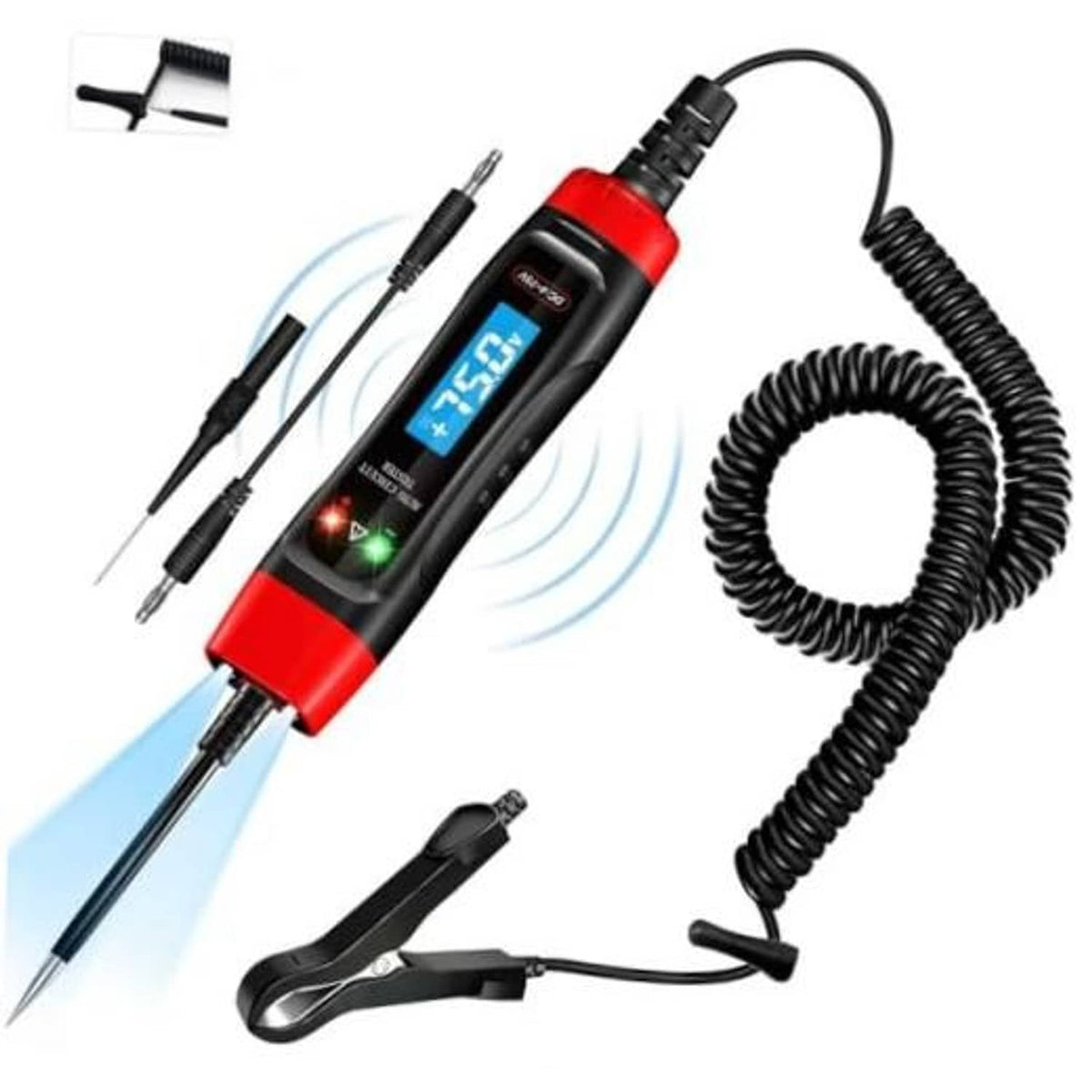 DC automotive voltage tester with red-and-black LCD screen and dual probe leads