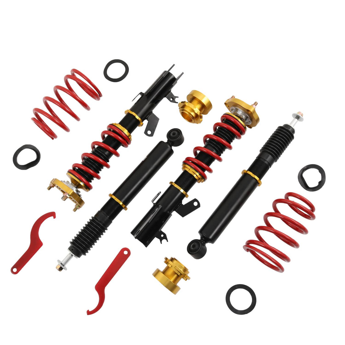 Coilover suspension kit components: red coil springs, black struts, and gold mounts