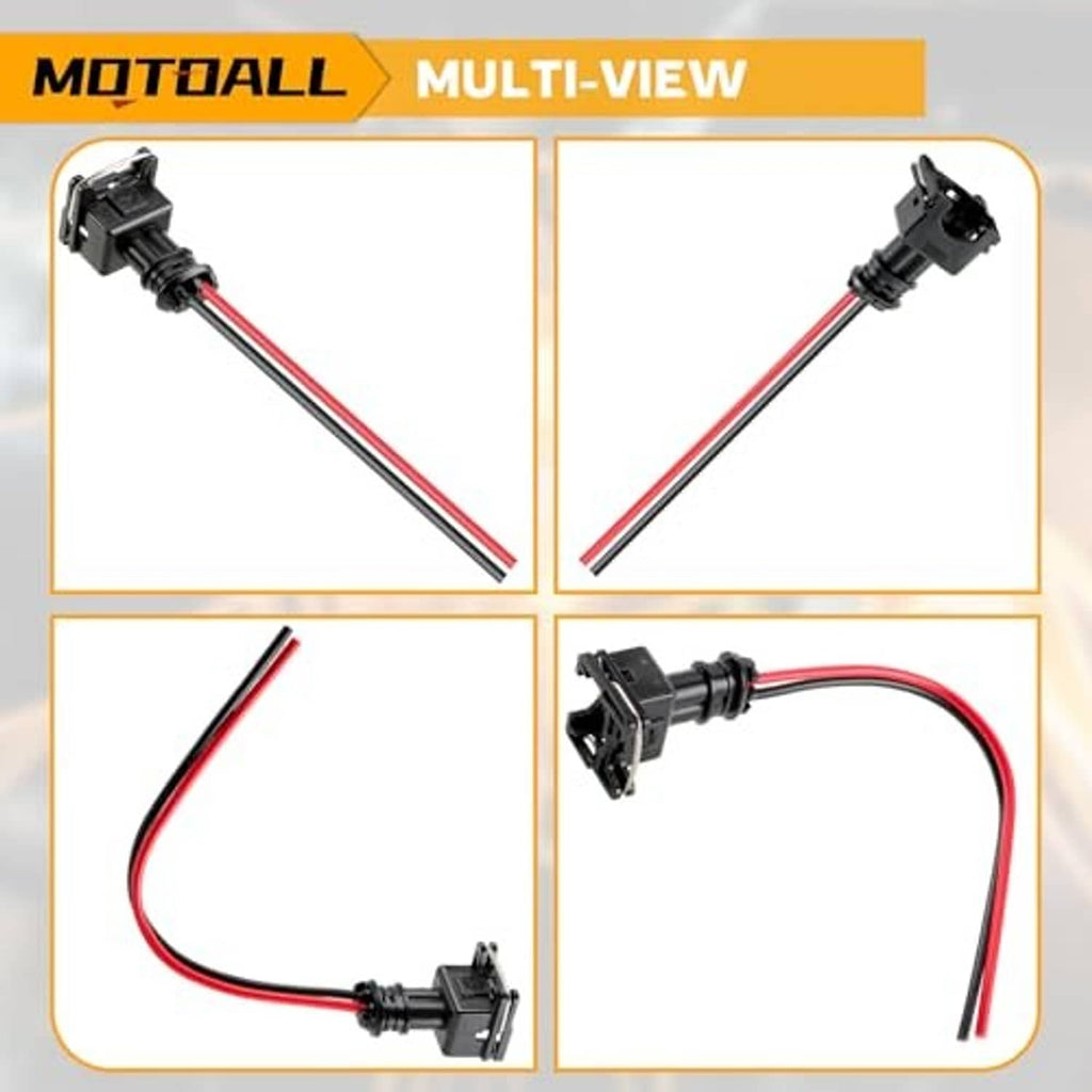 Fuel injector connector pigtail set with red/white wires shown from multiple angles