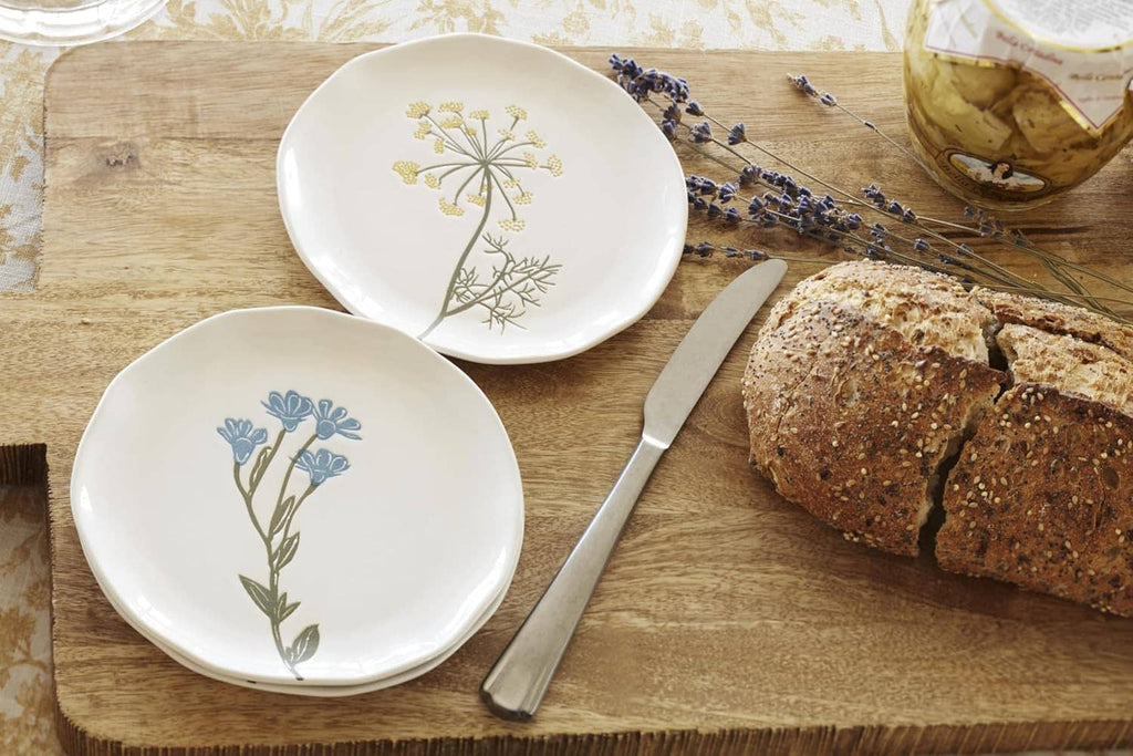 Wildflower appetizer plates, white with blue and gold flower stem designs