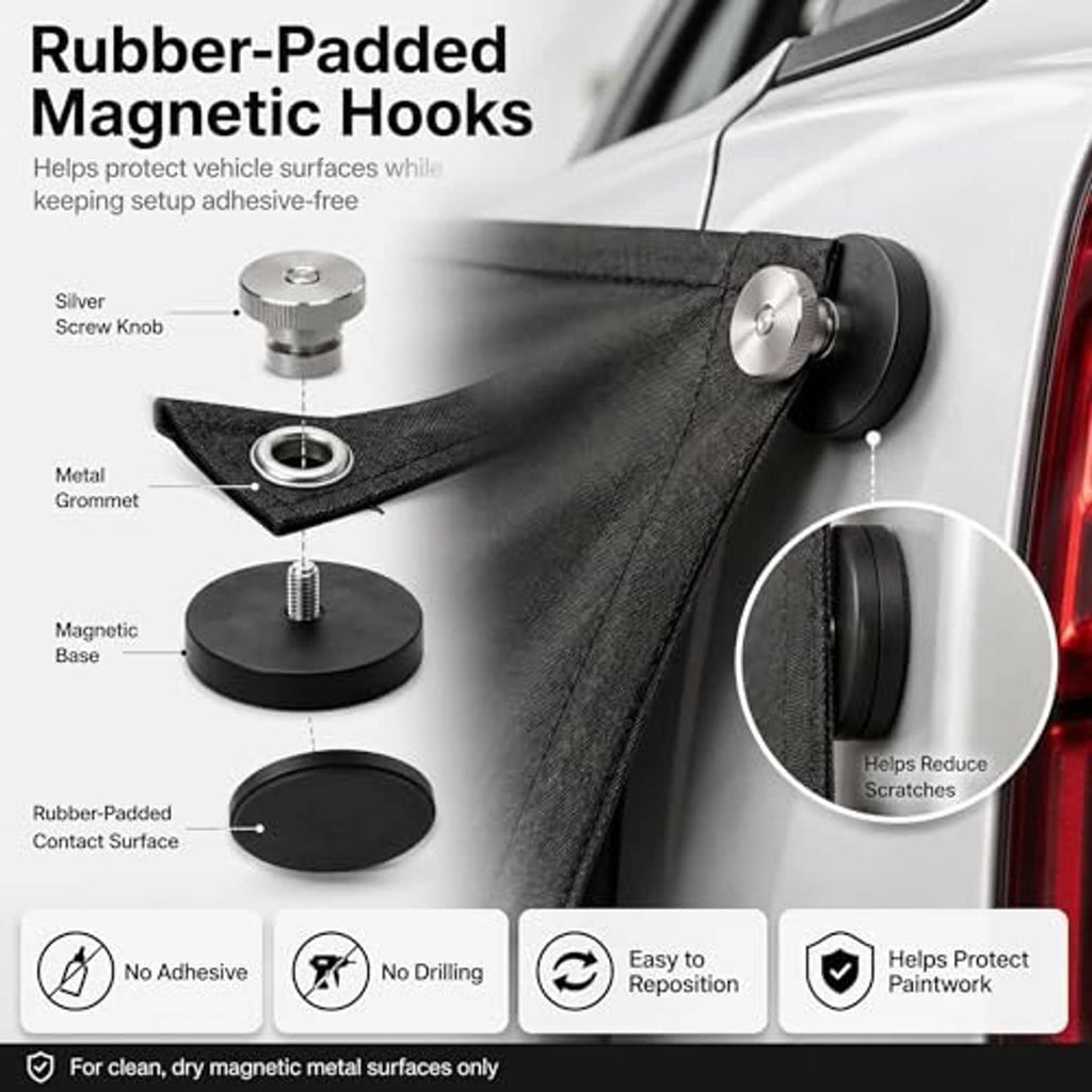 Rubber-padded magnetic hooks with metal grommet for securing a black privacy curtain
