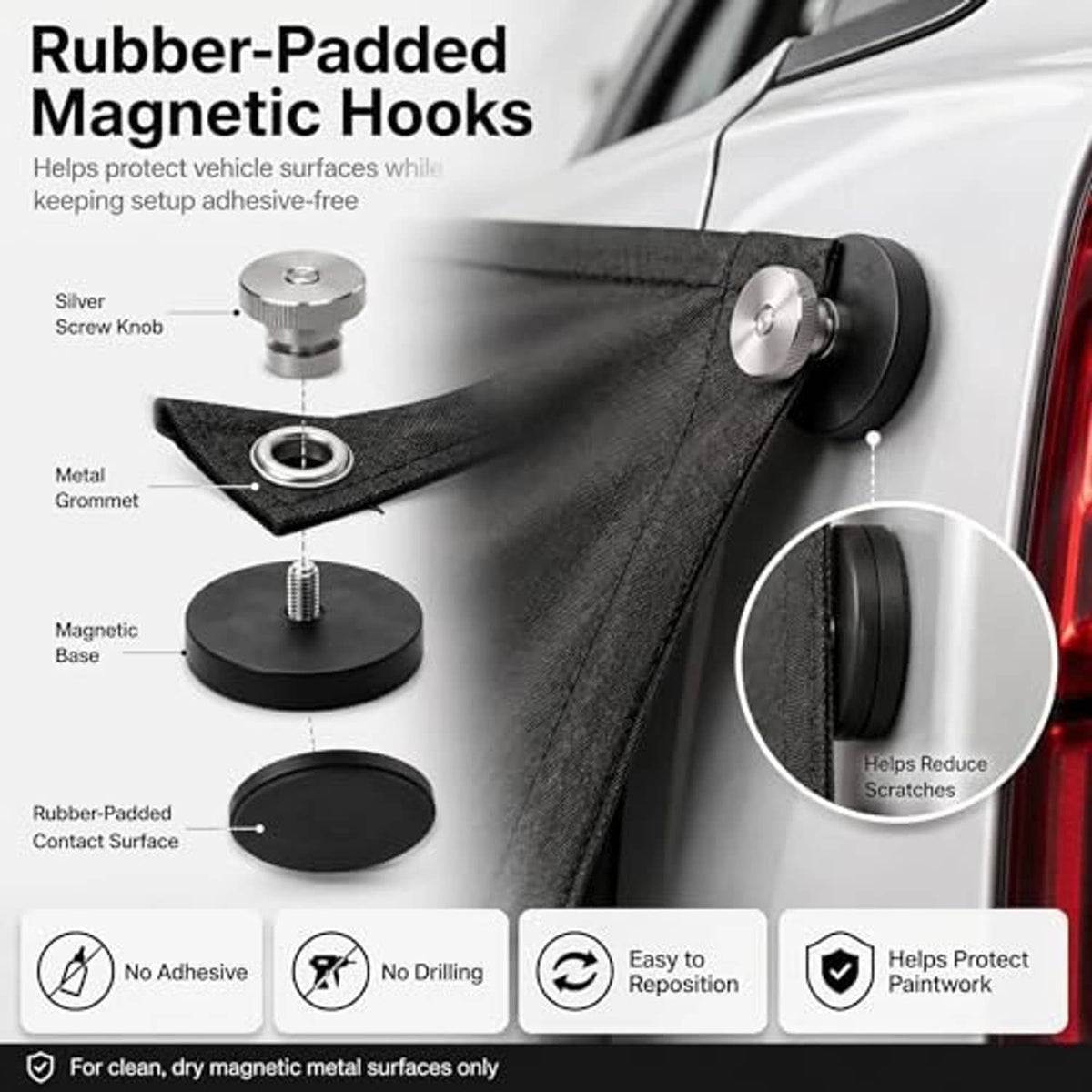 Rubber-padded magnetic hooks with metal grommet for securing a black privacy curtain