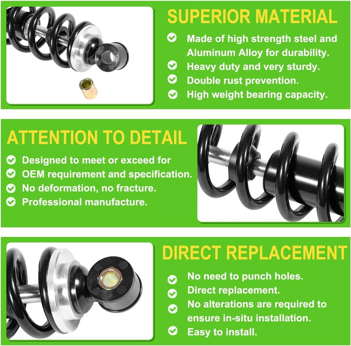Front shock absorber with black coil spring and silver rod end hardware