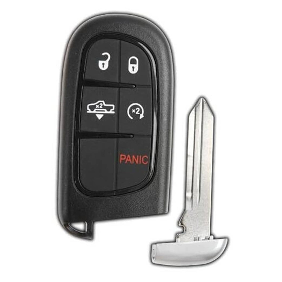 Black key fob with 5 buttons, including lock, unlock, and red PANIC label