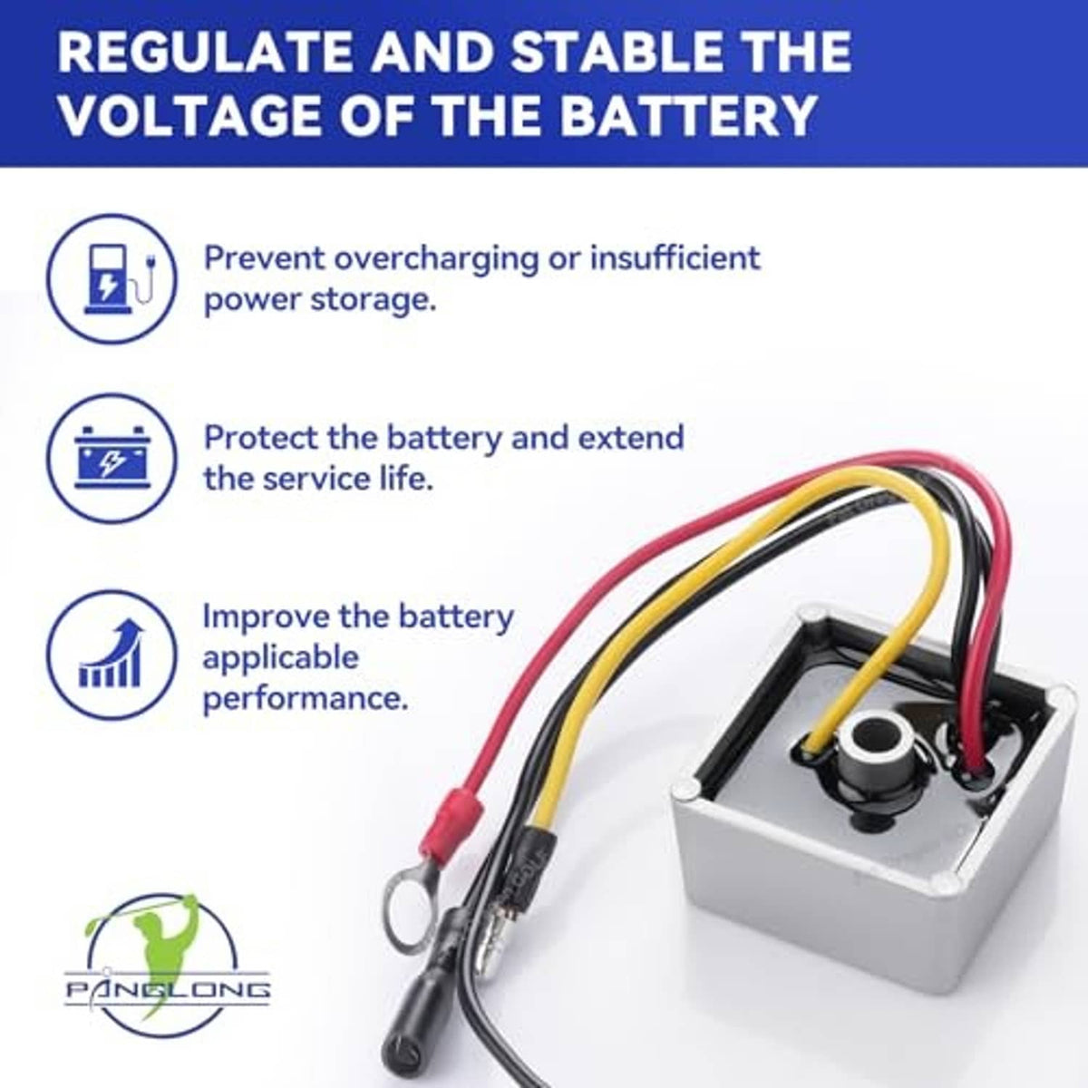 Voltage regulator rectifier with bundled red, yellow, and black wires and terminals