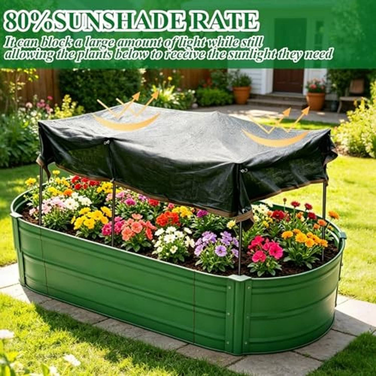 Dark shade cloth canopy over raised bed with flowering plants