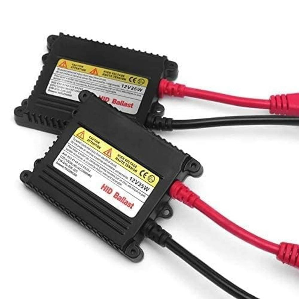 Black HID ballast close-up with warning labels and red/black power leads