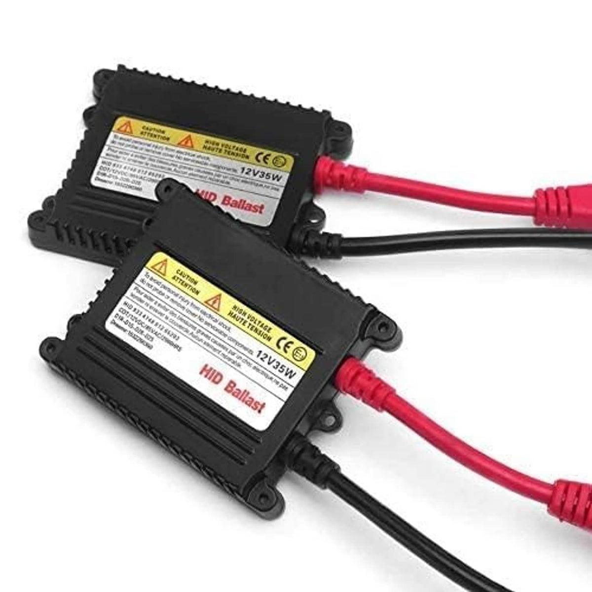 Black HID ballast close-up with warning labels and red/black power leads