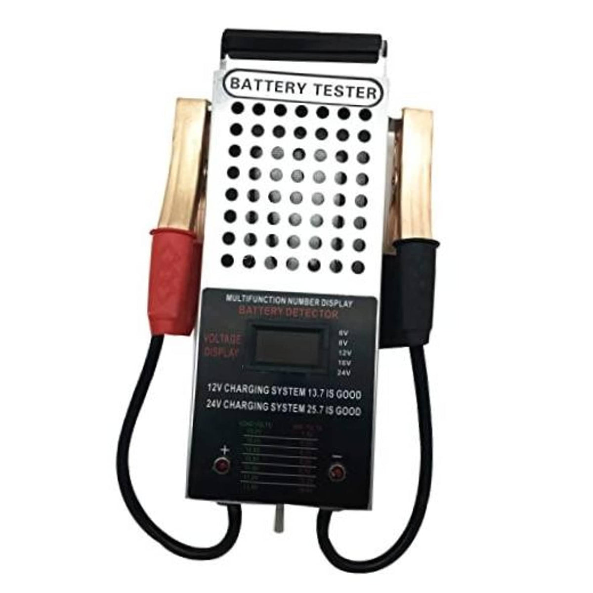 Battery load tester with grid face, red and black clamp leads, and LCD voltage display