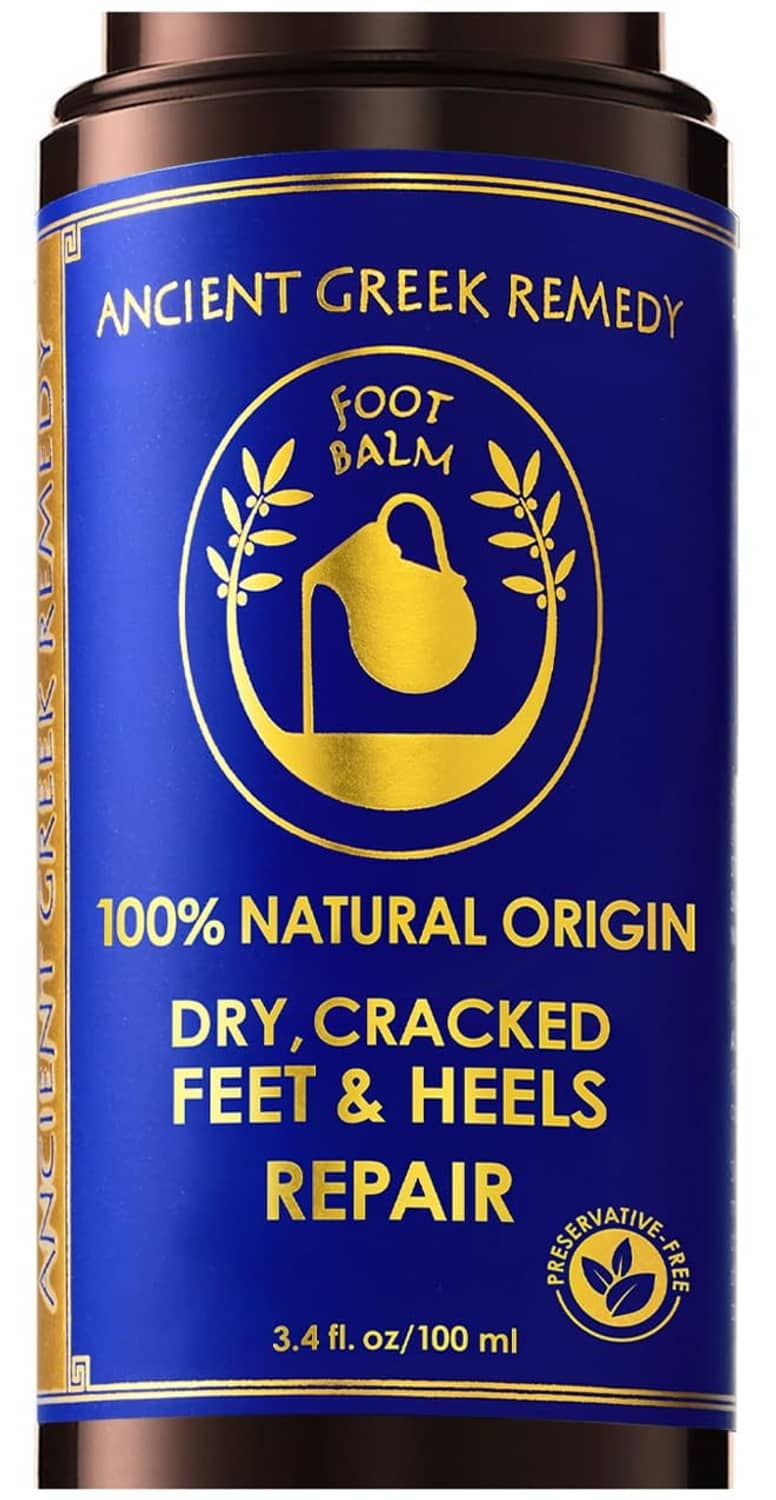 Blue and gold foot balm container for dry cracked heel repair, 3.4 fl oz.