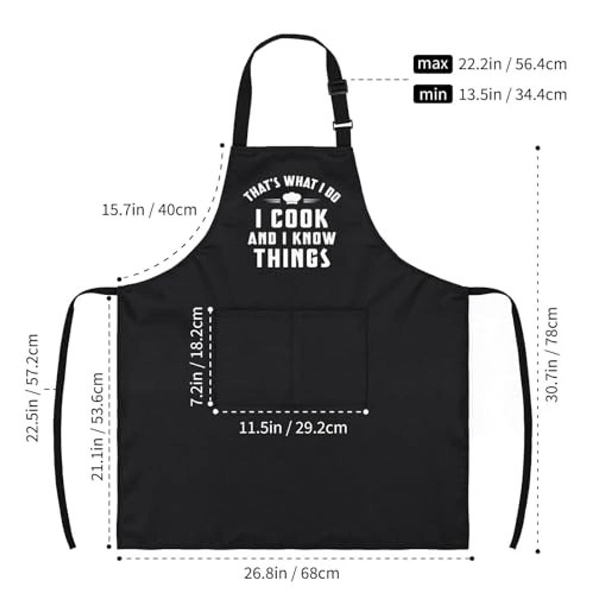 Black apron size diagram with “I cook and I know things” text and pocket panel