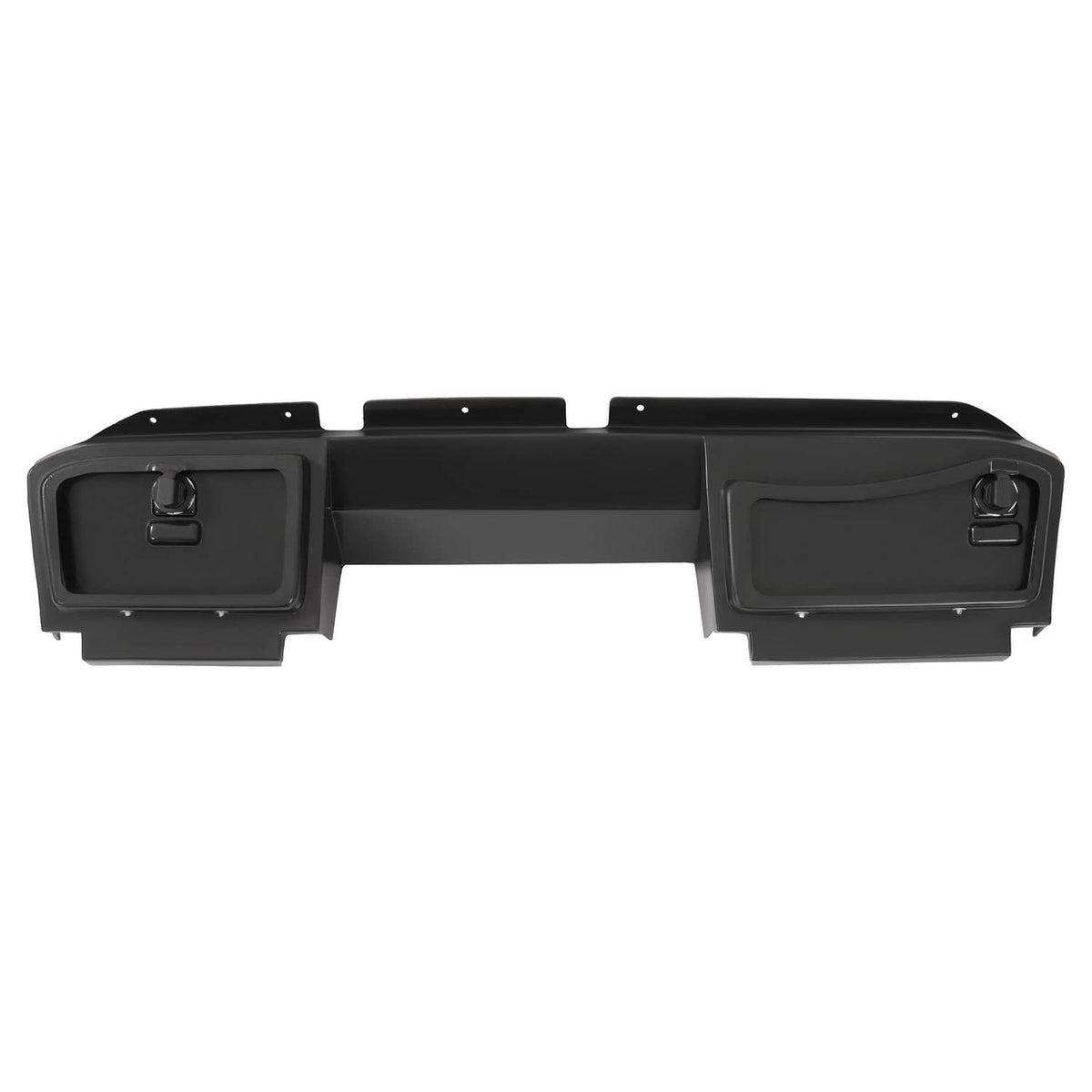Matte black dash board cover assembly with recessed side compartments and central panel.