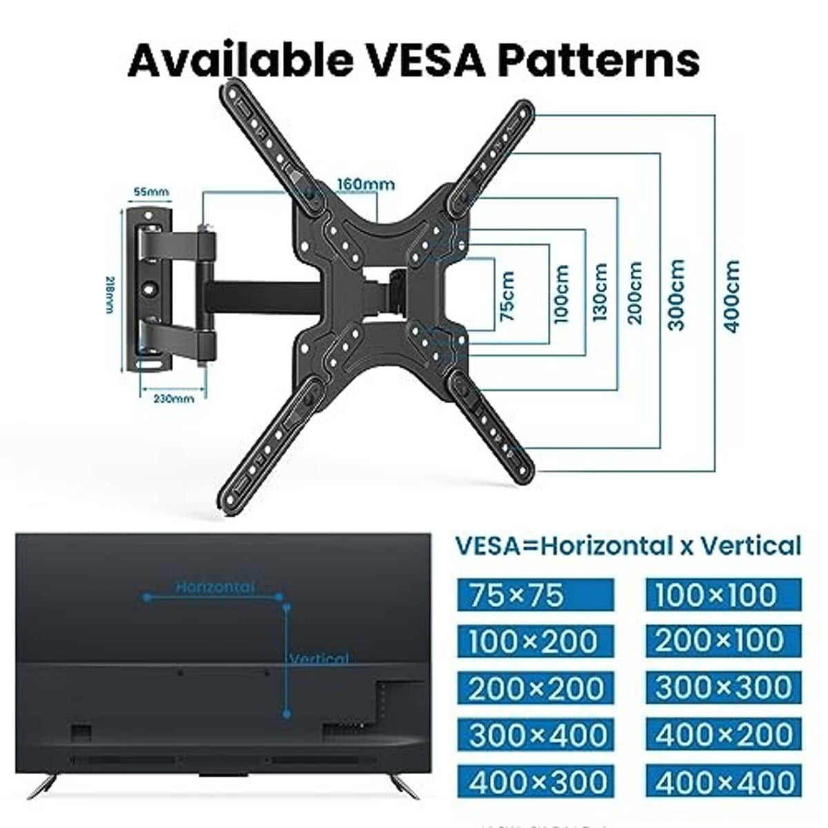 Full-motion TV wall mount bracket displaying compatible VESA patterns, black