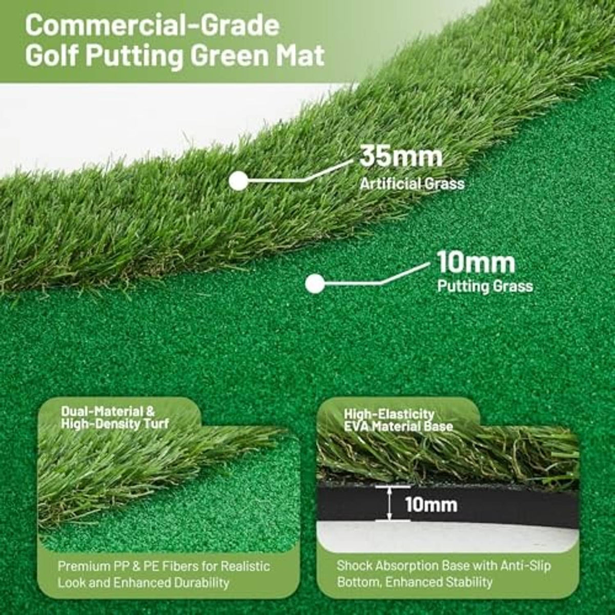 Close-up of green artificial putting grass with visible turf and base layers