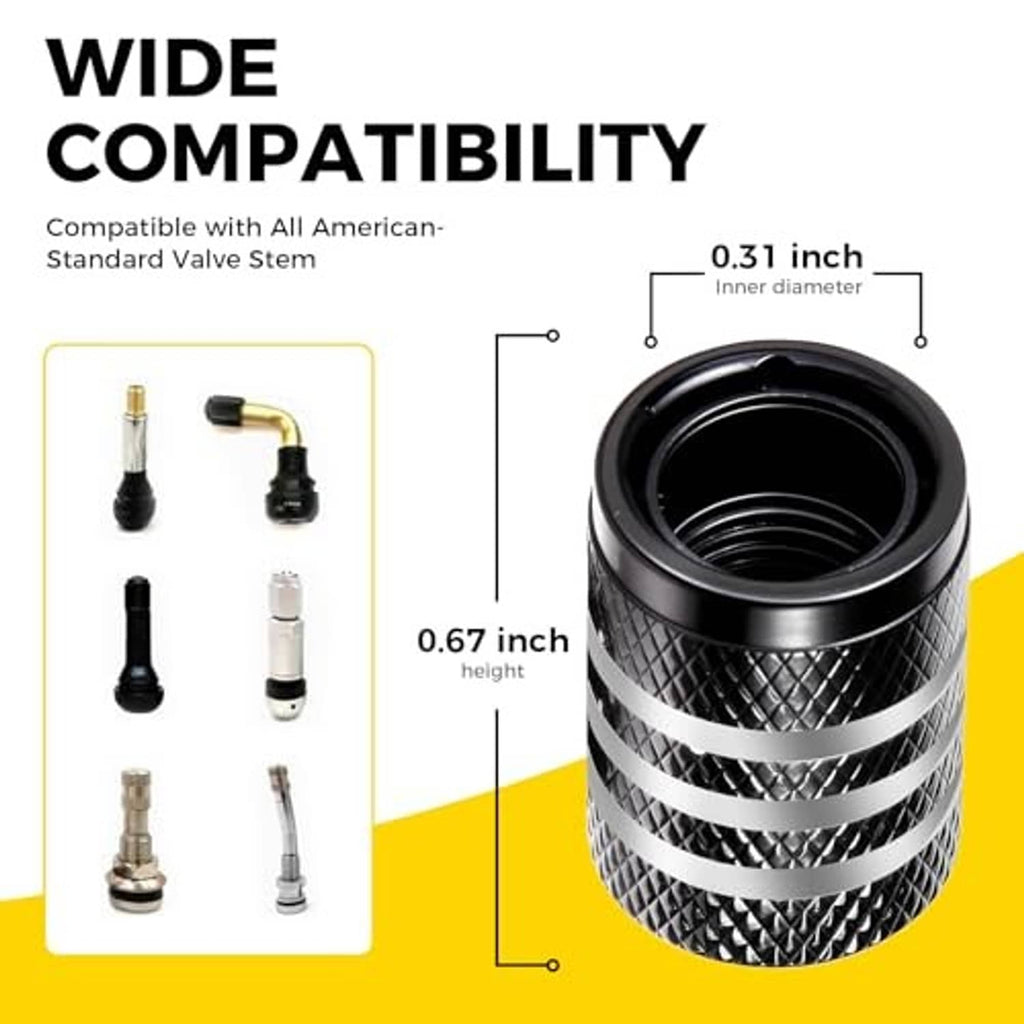 Black tire valve stem cap with U.S. flag emblem; wide compatibility, 0.31 in inner diameter.