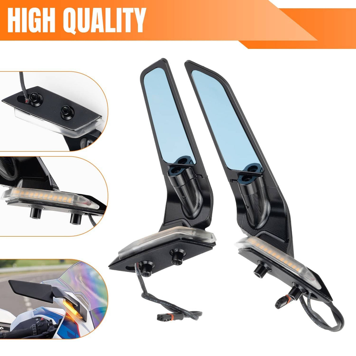 Pair of motorcycle wind-wing mirrors with blue lenses and amber LED strips