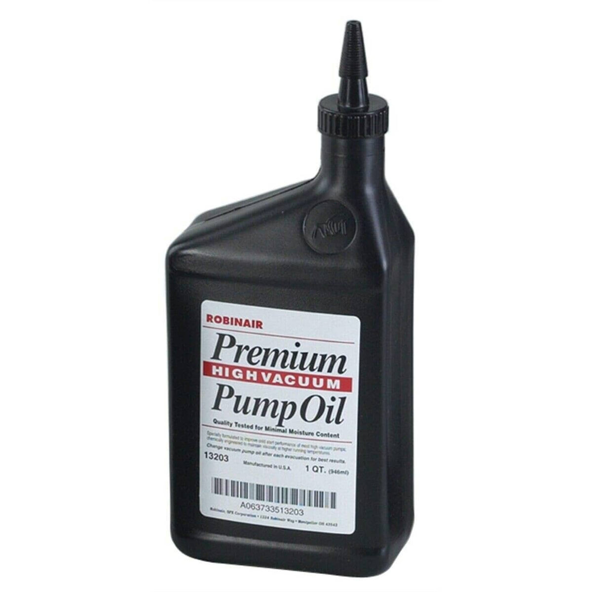 Robinair high vacuum pump oil bottle, black, 1 qt, ribbed pour cap and front label