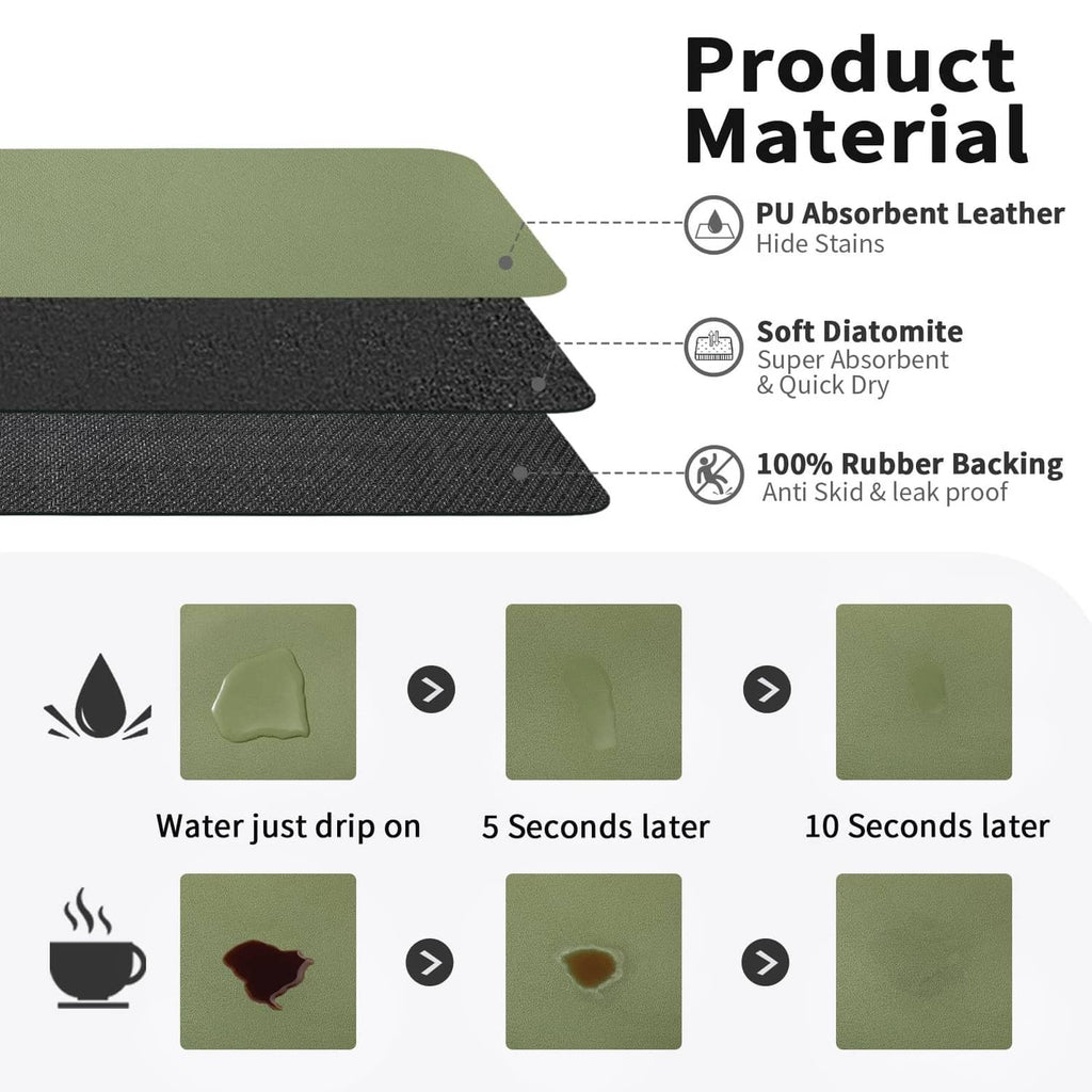 Green coffee mat corner view showing absorbent top surface and rubber backing
