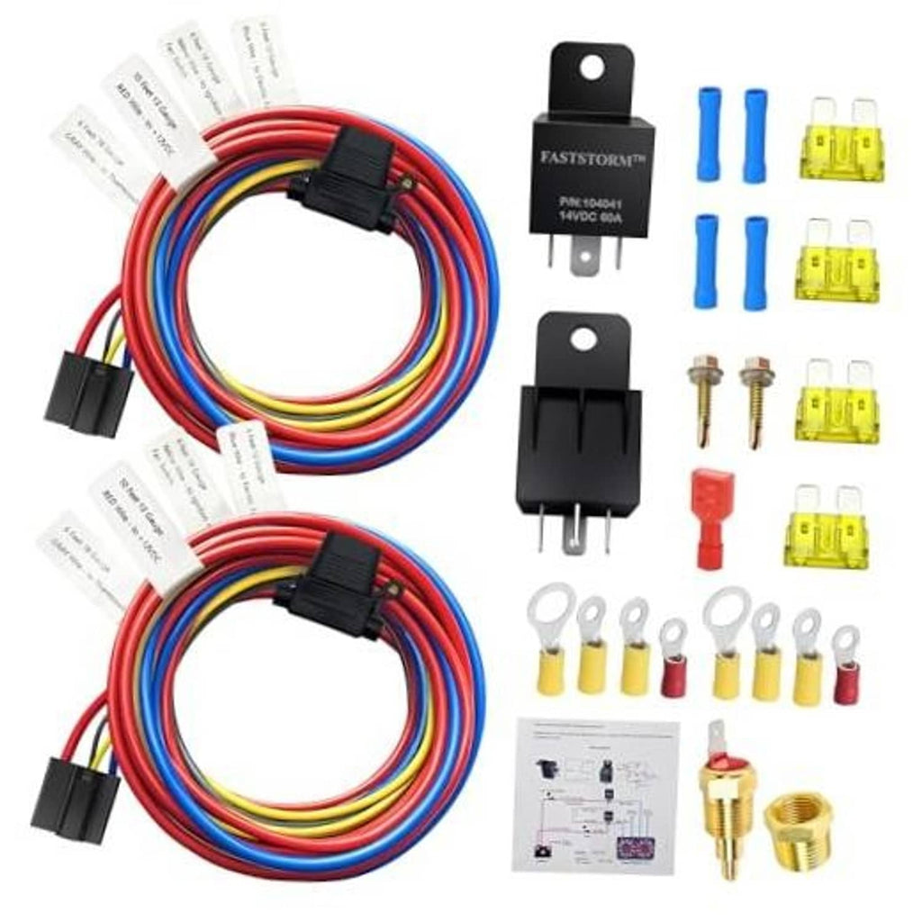 Dual electric fan relay wiring kit with multi-color harness, relay modules, and fuse parts