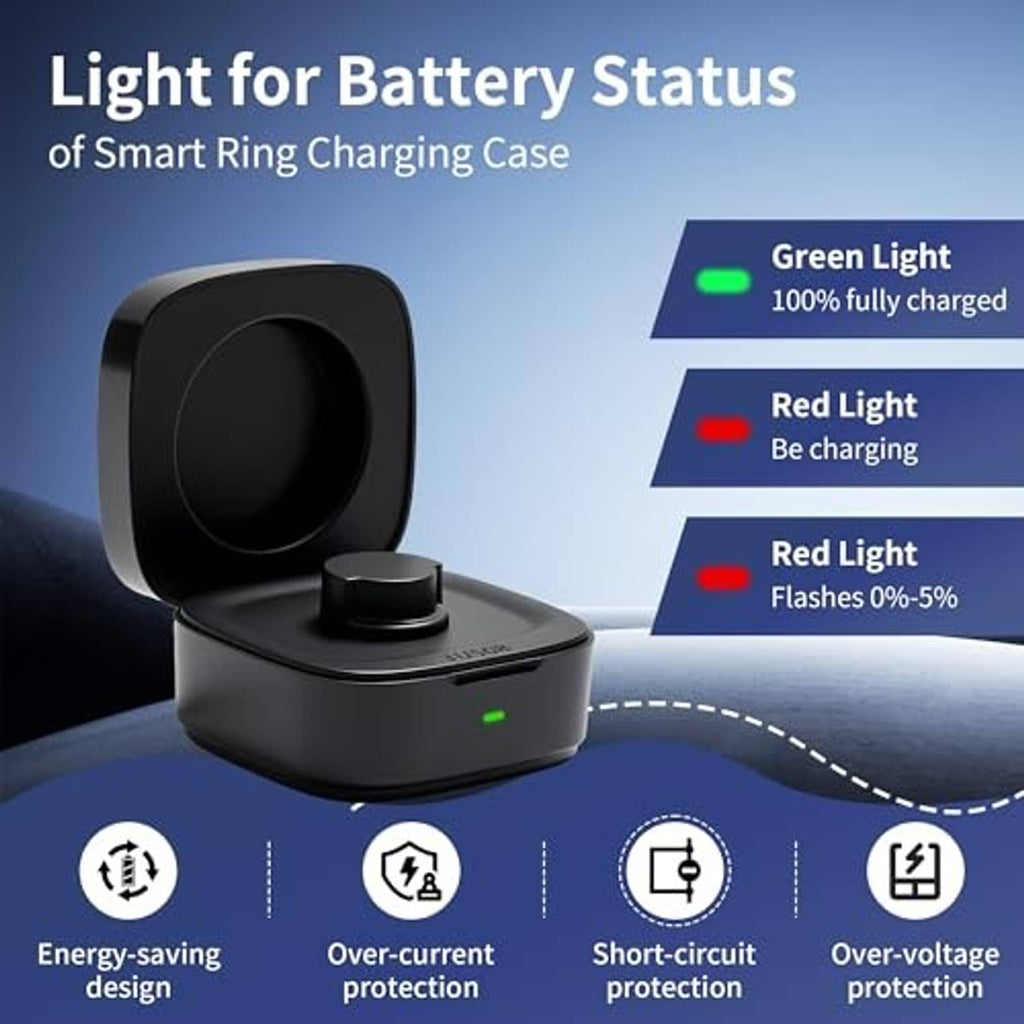 Black smart ring charger case with green and red battery status light
