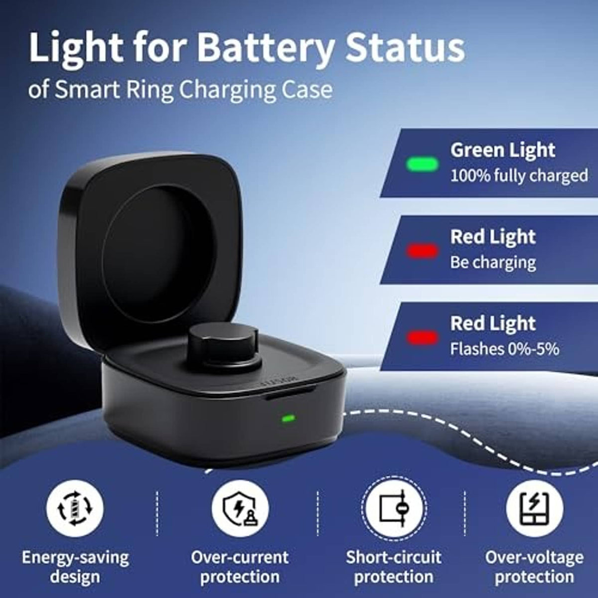 Black smart ring charger case with green and red battery status light