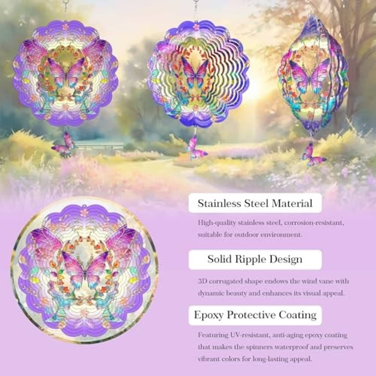 Purple butterfly wind spinner with iridescent metal ripple edges and hanging top loop