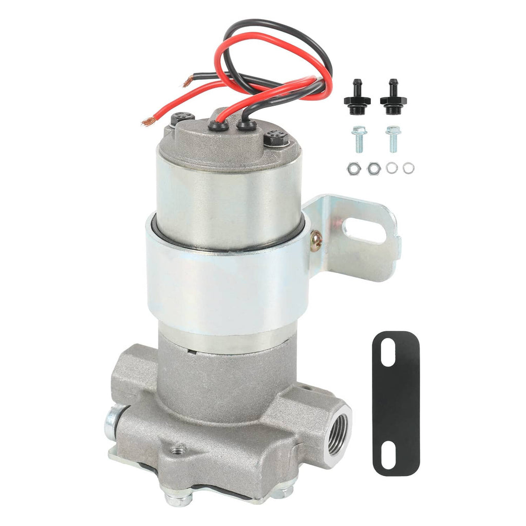 Electric fuel pump kit with red/black wires, mounting bracket, and included hardware