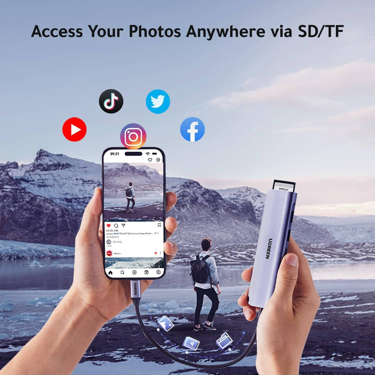 Space gray USB-C hub with SD/TF card reader for transferring photos to a phone