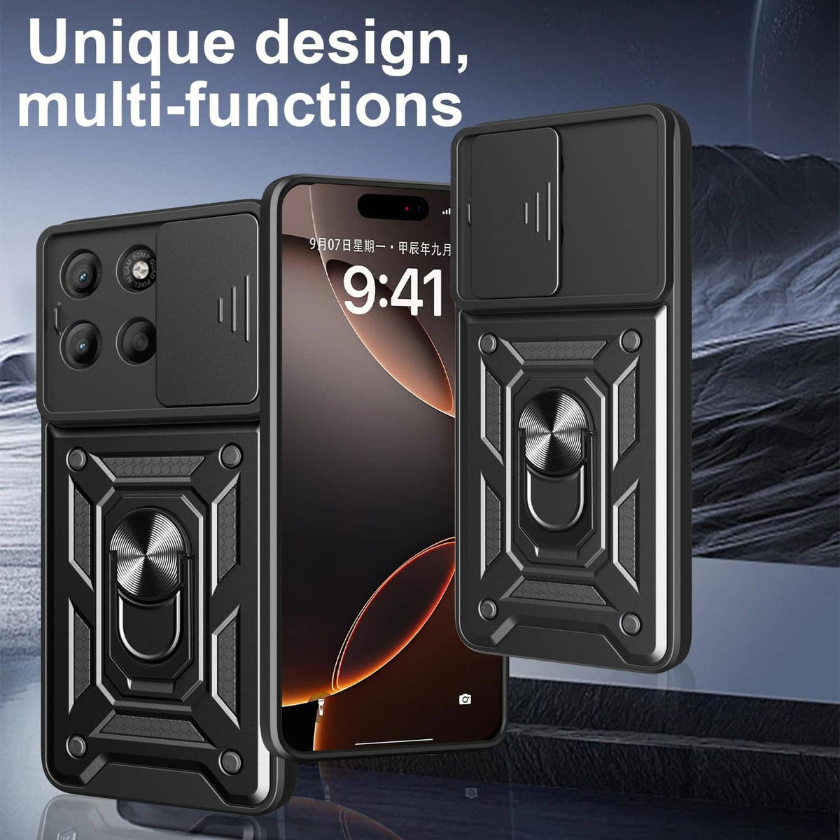 Black rugged phone case with textured back and built-in ring stand