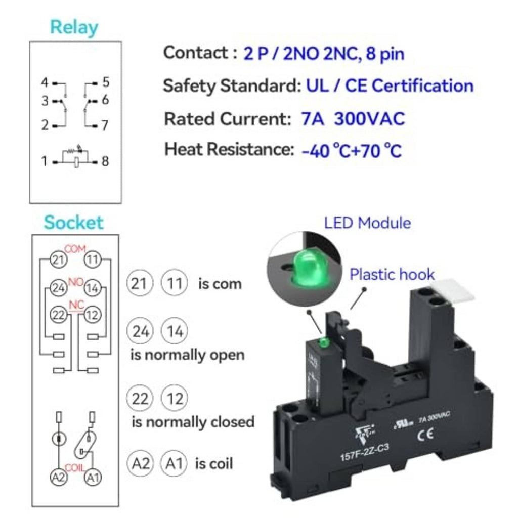 Relay and socket diagram with LED module, coil terminals, and contact labels