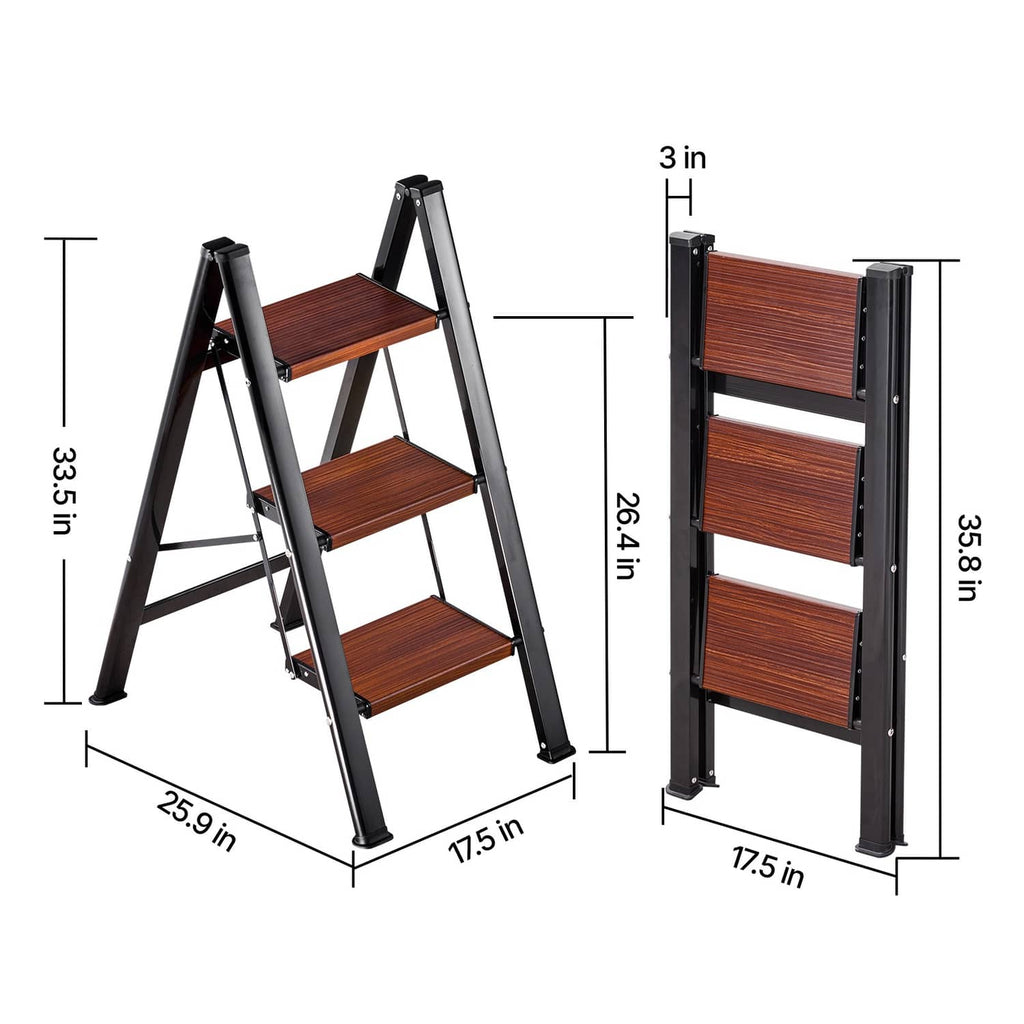 3-step aluminum folding ladder showing side and front views with wood-grain steps