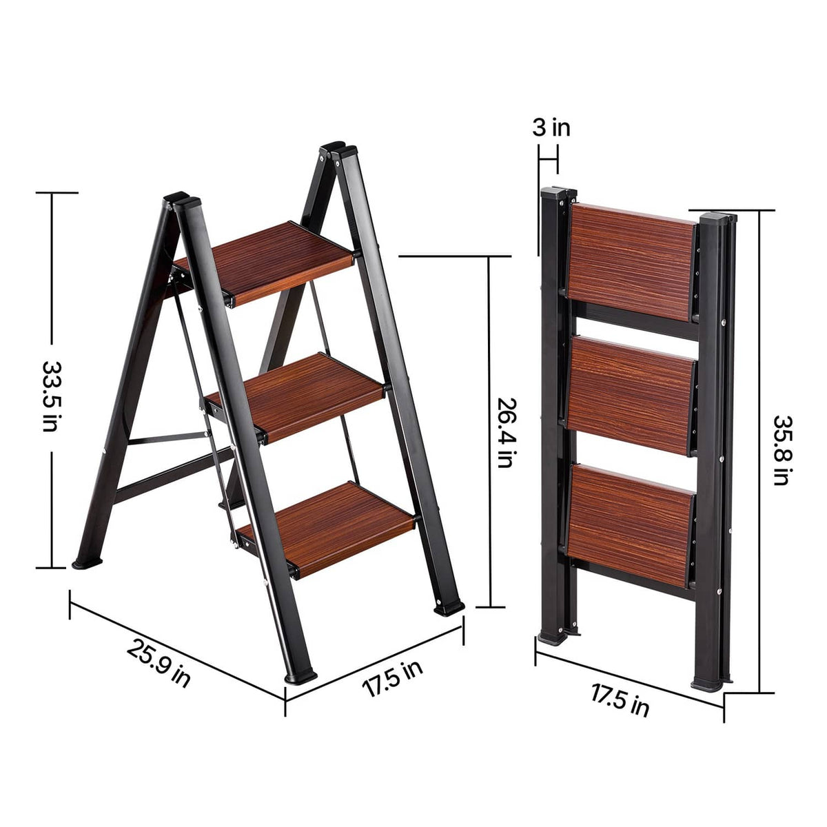 3-step aluminum folding ladder showing side and front views with wood-grain steps