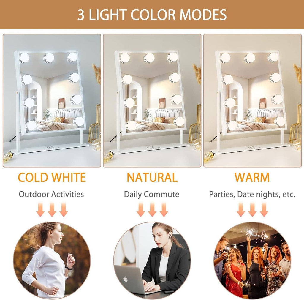 Hollywood vanity mirror with LED bulbs showing three light color modes: cold, natural, warm